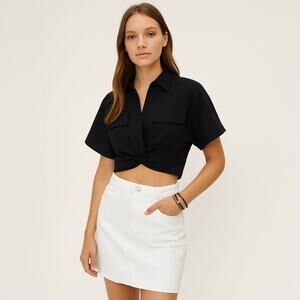 NWT Flap Pocket Twist Hem Cropped Shirt Black Sz Medium